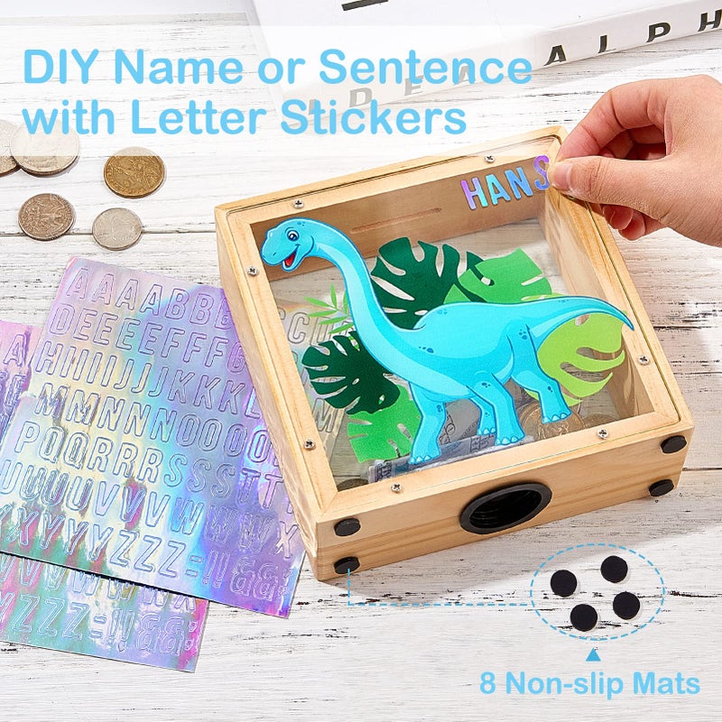 ICOSY Wooden Piggy Bank for Kids Boys Girls, DIY Name Coin Bank Unicorn Dinosaur Money Bank with Letter Stickers - Image 2